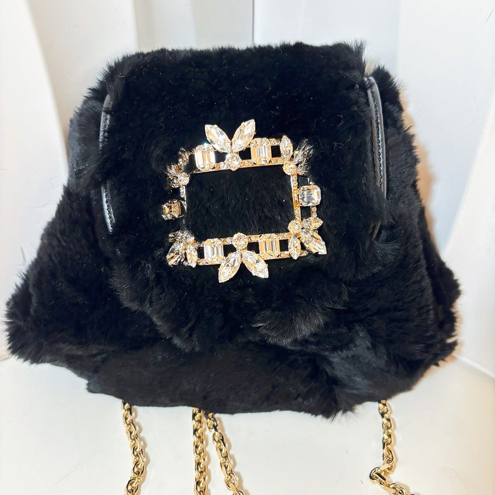 Roger Vivier Black Shearling Crystal Buckle Bucket Bag